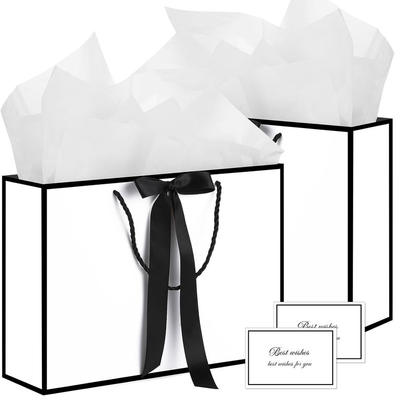 woric White Gift Bags with Handles, 14" Medium Valentines Gift Bag with Tissue Paper, 2 Pcs Gift Bags with 4 Tissue Paper and 2 Cards for Valentine's Day Birthday Party - Image 1